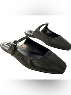 Aqua Black Square-Toe Woven Flats Rhinestone Buckle Strap Size 7.5 NEW